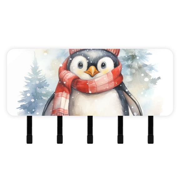 Penguin Scarf Hat Trees Mail Holder Organizer Wall Mount with Shelf Key Holder Key Rack with 5 Key Hooks for Wall Decorative