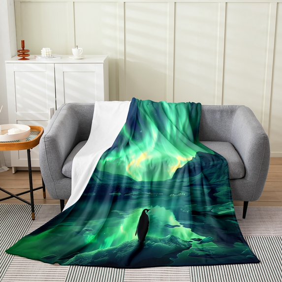 Penguin Sherpa Blanket Throw 50x60,Aurora Stars Galaxy Starry Sky Blanket Soft Microfiber,Wild Polar Animal Throw Blanket,Turquoise Dreamy Flannel Blanket for Bedroom Living Room