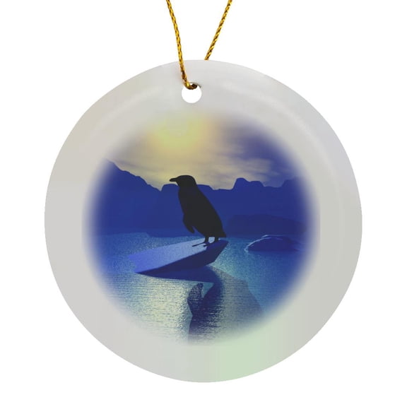 3drose, Penguin Silhouette on Ice Flow, Circle Porcelain Ornament