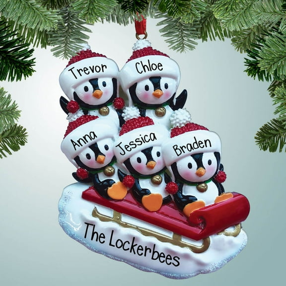 Penguin Sledding Family - 5 - Personalized Christmas Ornament - Family of 2,3,4,5 - Cold Winter - Great Gift Ideas