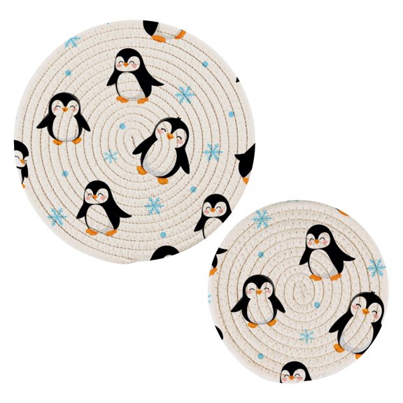 Penguin Snowflake Pattern Cotton Trivets Potholders Set of 2 Handmade Heat Resistant Non Slip Absorbent