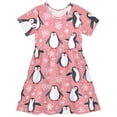 thumbnail image 1 of Penguin Snowflake Pink Background Short Sleeve Dress A-Line Cute Midi Casual Sundress 2-8 Years, 1 of 6