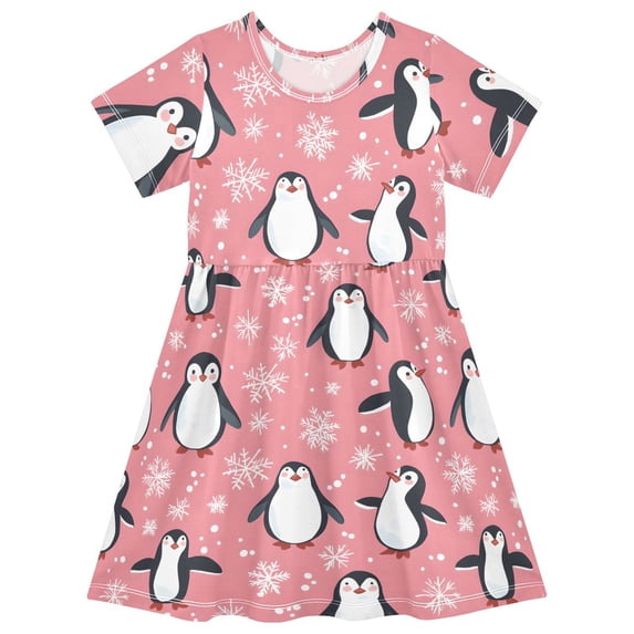 Penguin Snowflake Pink Background Short Sleeve Dress A-Line Cute Midi Casual Sundress 2-8 Years