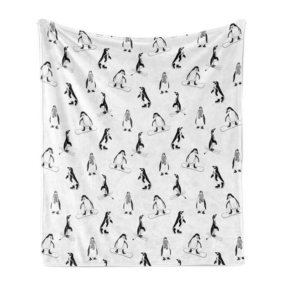 Penguin Soft Flannel Fleece Blanket, Skiing Penguins on Snowboards Winter Sports Themed Pattern Animal Bird with Scarf, Cozy Plush for Indoor and Outdoor Use, 70" x 90", White Black, by Ambesonne