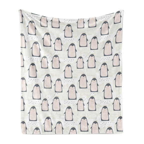 Penguin Soft Flannel Fleece Throw Blanket, Doodle Style Cartoon Animals from Antarctica Crowns on a Dotted Background, Cozy Plush for Indoor and Outdoor Use, 50" x 60", Multicolor, by Ambesonne