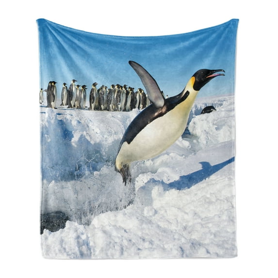 Penguin Soft Flannel Fleece Throw Blanket, Penguins Pole Wildlife Swimming Flying Dancing Family Group Icebergs Antarctica, Cozy Plush for Indoor and Outdoor Use, 50" x 60", Multicolor, by Ambesonne