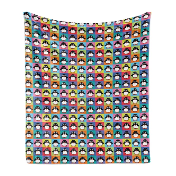 Penguin Soft Flannel Fleece Throw Blanket, Rainbow Colored Checkered Squares Pattern with Arctic Animal Cartoon Character, Cozy Plush for Indoor and Outdoor Use, 50" x 60", Multicolor, by Ambesonne
