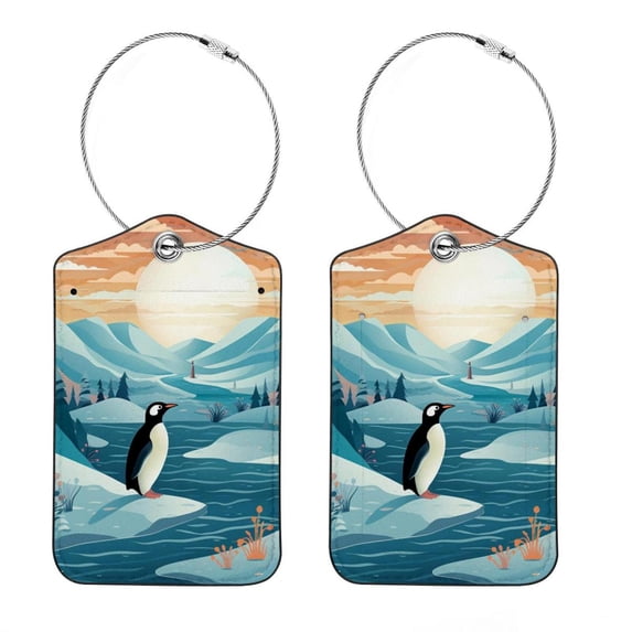 Penguin Square PU Leather Luggage Tags - 2 Pack with Privacy Cover and Stainless Steel Ring - Suitable for Travel, Backpack, Handbag - Suitcase Tags, Travel Tag