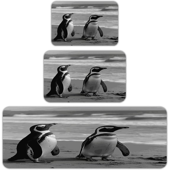 Penguin Standing on The Beach Kitchen Rugs Sets of 3 Washable Kitchen Mats for Floor Non Slip Soft Kitchen Area Rug Anti Fatigue Kitchen Mats Farmhouse Kitchen Rugs for Laundry Desk Office