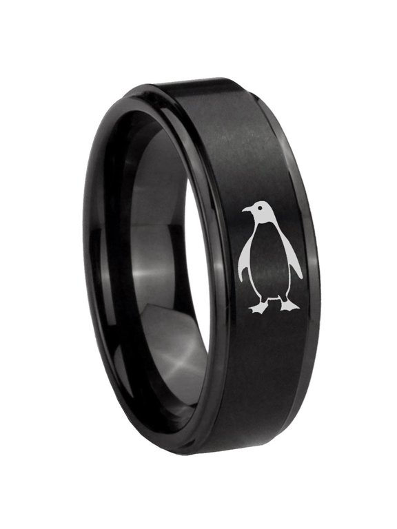 Penguin Step Edge Brush Black Tungsten Men Ring 10MM