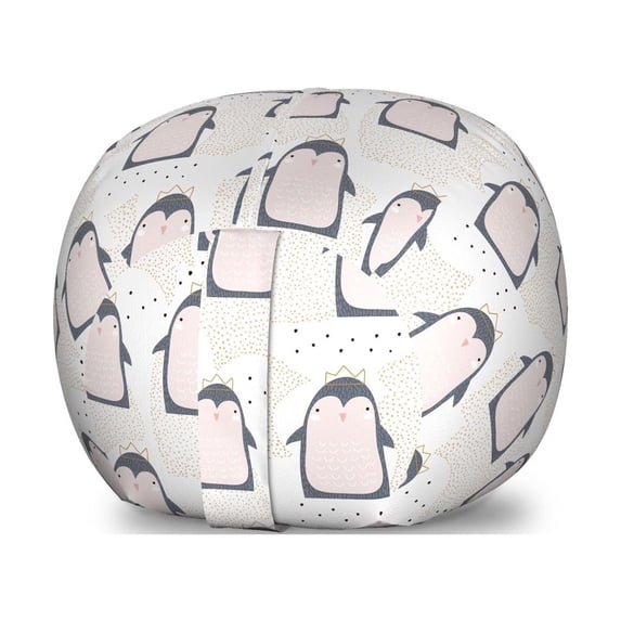 Penguin Storage Toy Bag Chair, Doodle Style Cartoon Animals from Antarctica Crowns on a Dotted Background, Stuffed Animal Organizer Washable Bag, Large Size, Multicolor, by Ambesonne