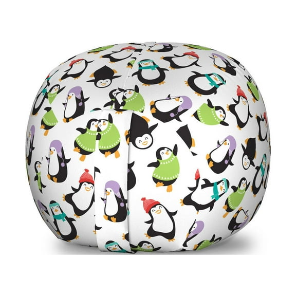 Penguin Storage Toy Bag Chair, Smiling Dancing Funny Arctic Animals with Scarves and Hats Wintertime Happy Holiday, Stuffed Animal Organizer Washable Bag, Small Size, Multicolor, by Ambesonne