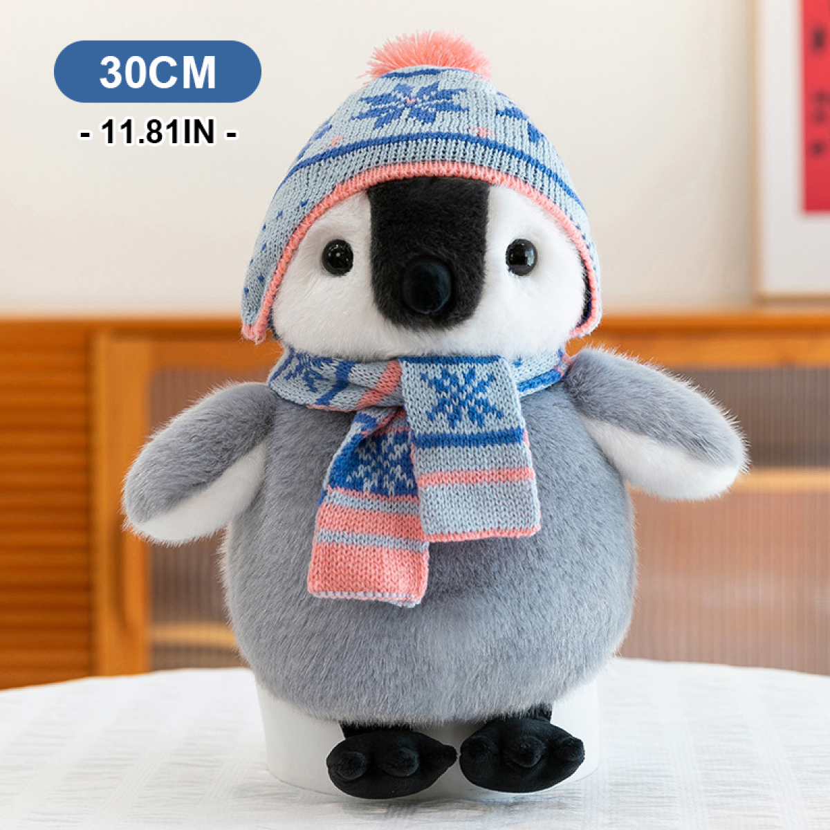 Penguin Stuffed Animal with Knit Hat Scarf for Adults Women, Weighted Sitting Soft Cuddly Plush Toy Gifts for Birthday Holiday Winter Valentine-11.81''
