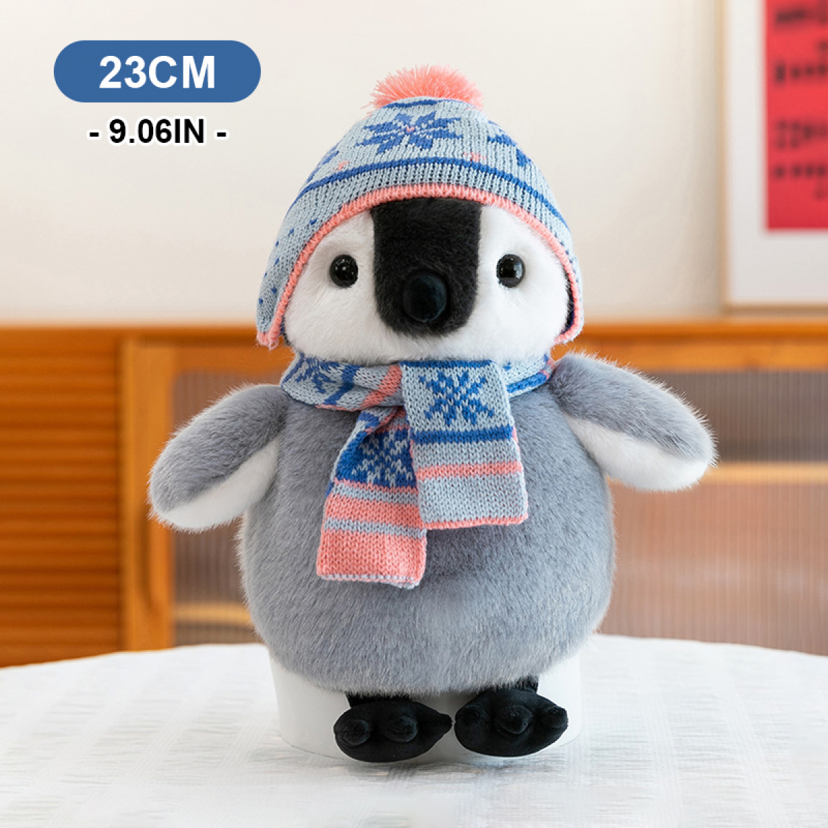 Penguin Stuffed Animal with Knit Hat Scarf for Adults Women, Weighted Sitting Soft Cuddly Plush Toy Gifts for Birthday Holiday Winter Valentine-9.06''