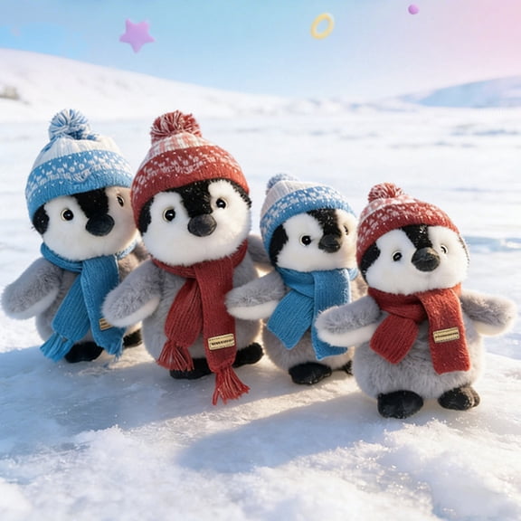 Penguin Toy, Mini, Small Stuffed Animal, Blue Stuffed Animal, Soft Stuffed Animal, 8inPenguin Plush, Knit Hat Scarf, Seasonal Desktop Accent, 1 Pc