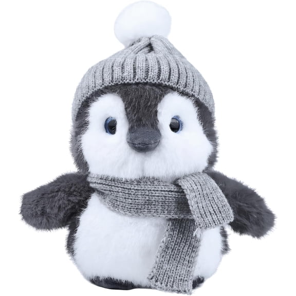 Penguin Stuffed Animal, Penguin Plush with Gray Knit Hat Scarf for Girls Kids Women Adult, Weighted Sitting Soft Cuddly Plush Toy Gifts for Birthday Holiday Winter Christmas Dcor Valentine 10 Inch
