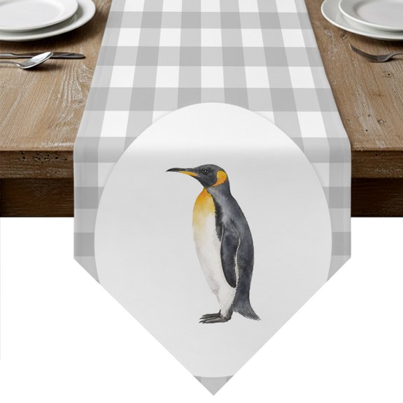 Penguin Table Runner Linen Burlap Table Runner 48 Inches Long Modern Grey Checkered Farmhouse Animals Dresser Scarves for Kitchen Island Coffee Dining Room Party Wedding Holiday Decoration 13"x48"