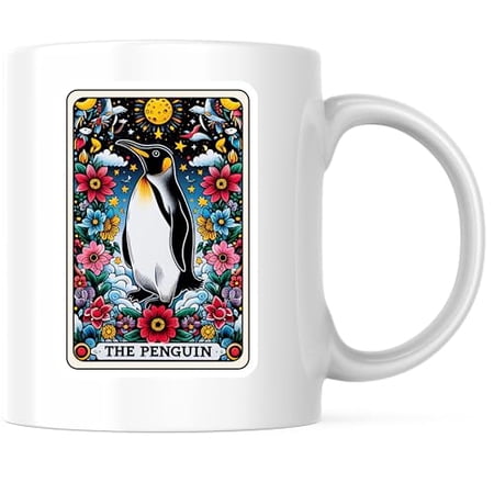 Penguin Tarot Card Coffee Mug - Colorful Floral Design Mug - Unique Animal Art - 11 Ounce Ceramic Mug - Premium Ceramic - Design Printed On Both Sides - BMCM04481