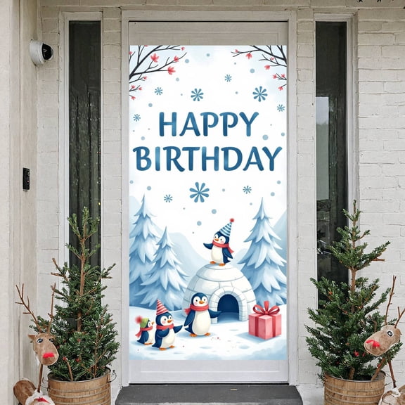 Penguin Theme Banner Snowy Design Snowy Party Backdrop Blue Color Winter Style Winter Celebration Background for Winter Birthday Party Kids Celebration Indoor Decoration