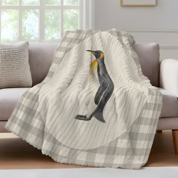 Penguin Throw Blanket for Couch Gray Plaid Modern Funny Animal Rustic Soft and Warm Flannel 3D Striped Fluffy Fuzzy Fleece Blanket Lightweight Throw for Bed, Sofa 30 x 40 Inches