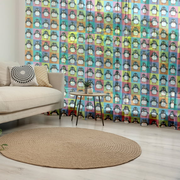 Penguin Tulle Curtains with Rod Pocket, Rainbow Colored Checkered Squares Pattern with Arctic Animal Cartoon Character, Sheer Drape for Wedding Party 2 Panels, 7 Sizes, Multicolor, by Ambesonne