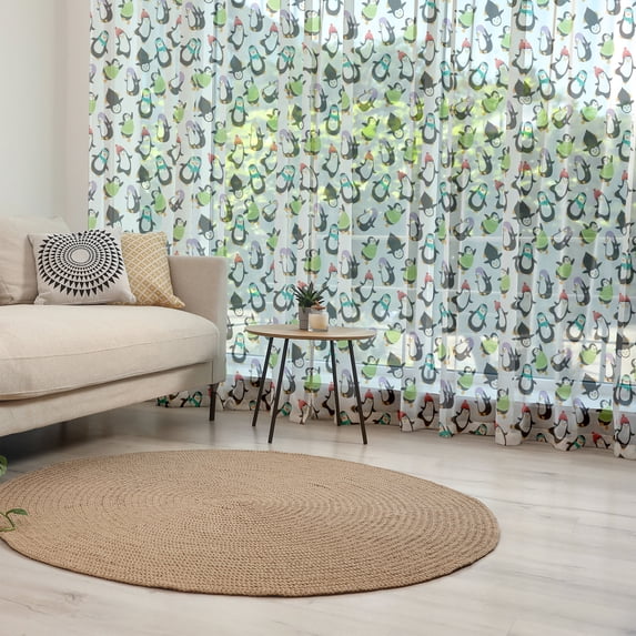 Penguin Tulle Curtains with Rod Pocket, Smiling Dancing Funny Arctic Animals with Scarves and Hats Wintertime Happy Holiday, Sheer Drape for Wedding Party 2 Panels, 7 Sizes, Multicolor, by Ambesonne