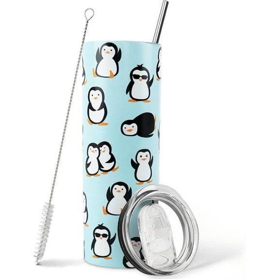 Penguin Tumbler with Lid and Straw- Cute Penguin Gifts for Women Men - Blue Penguin Cup, Coffee Mug, Skinny Tumbler, Water Bottles- Thermal Insulated Tumblers 20 Oz -Penguin Stuff, Decor -Birthday