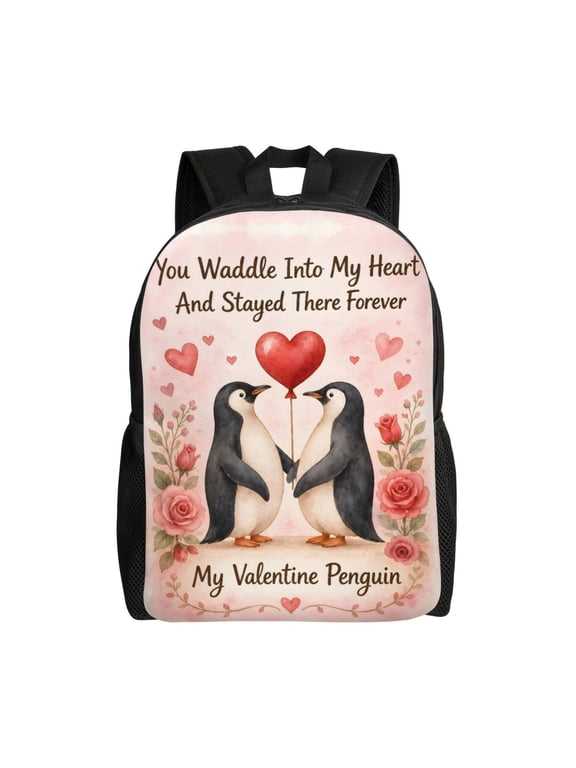 Penguin Valentine Backpack Full Front Print Travel Laptop Bag for Men and Women