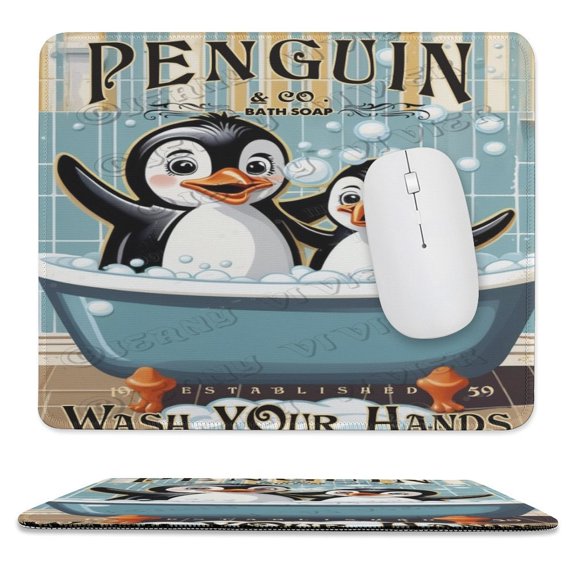 Penguin Wash Your Hands Printed Mouse Pad, 10"x12", Square Mouse Pad, Cloth with Rubberized Base, Standard