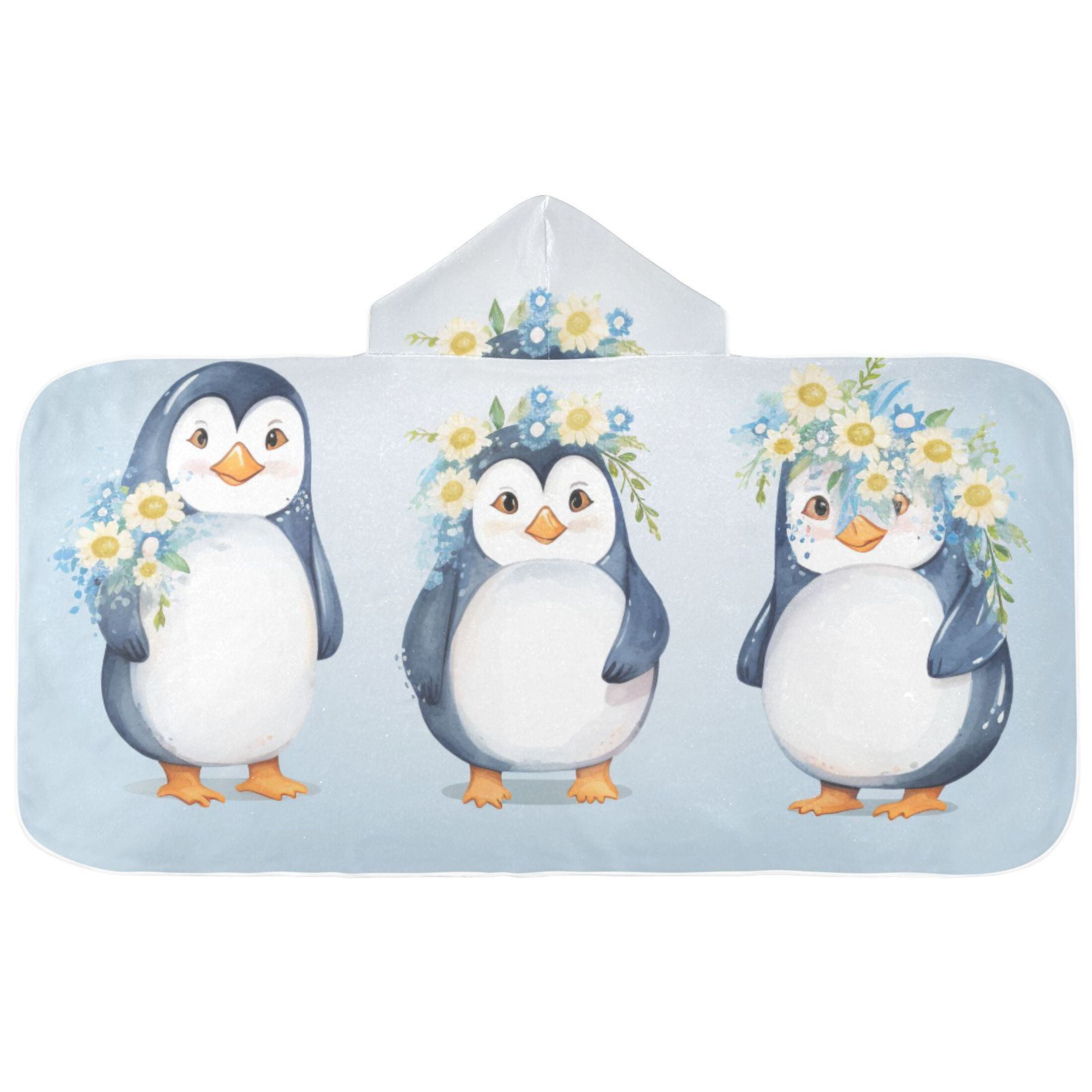 Penguin Wearing A Daisy Wreath Hooded Beach Towel Kids Bath Towels