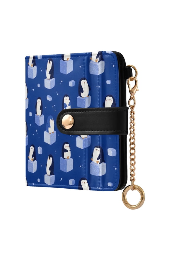 Penguin Winter Pattern Small Wallet for Women RFID Blocking Bifold PU Leather Credit Card Holder with Zipper Coin Pocket Compact Cute Travel Purse Magnetic Snap 7 Card Slots