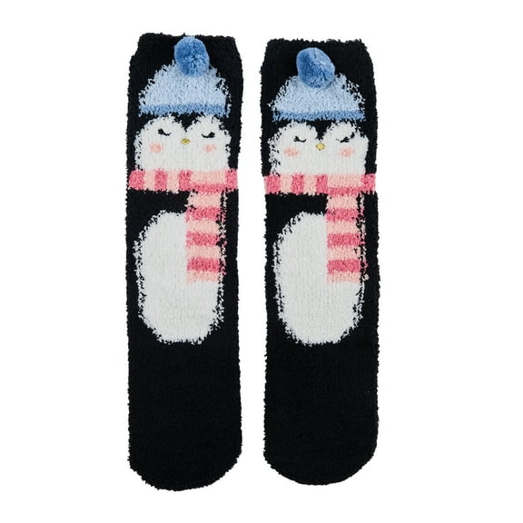 Penguin With Scarf & Beanie Adult Black Fuzzy Crew Socks