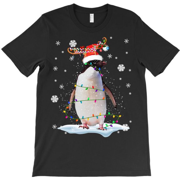 Penguin With Xmas Lights Funny St. Nick Reindeer Bird Lover Graphic T-Shirt - Top Pick G1649, Up to 5XL