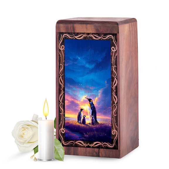 Penguin Wooden Urns for Adult Human Ashes - Funeral Urns for Adult Ashes Women - Wood Penguin Theme Urn for Adult Male and Female - Blue Memorial Decorative Urn for Mom 11.25 Inch