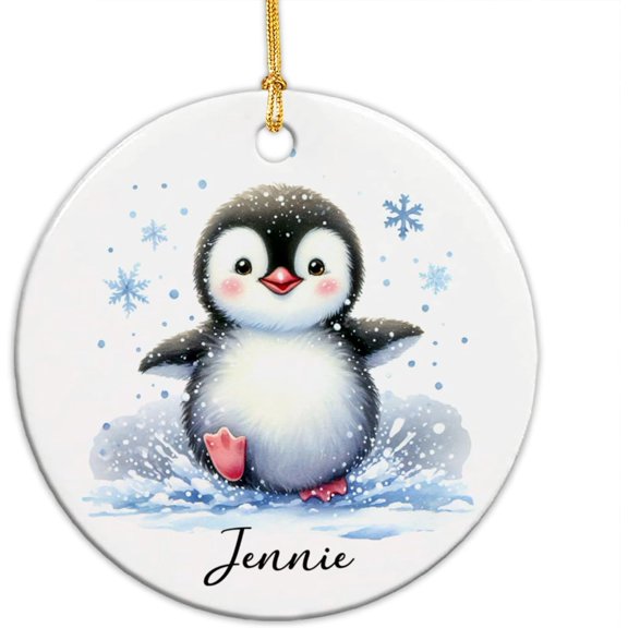 Penguin Xmas Tree Hanging, Penguin Ornament 2025, Custom Ornament with Penguin Lover Name, Personalized Penguin Christmas Ornament, Penguin Running in Snow Ceramic Ornament, New Baby Gifts UYOmne