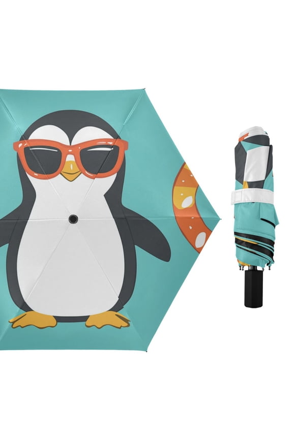 Penguin and Orange Swim Circles Cartoon All Weather Umbrella Triple Folding Parasol 6 Ribs UV Protection Portable