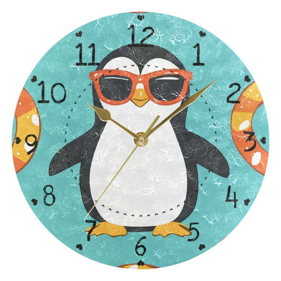 Penguin and Orange Swim Circles Cartoon Round Wall Clock Silent Analog Battery Operated Gold Pointer Home Decor 9.84" Diameter
