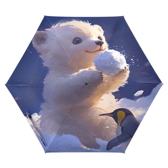 Penguin and Polar Bear Folding Umbrella UV50+ Waterproof Sun Protection Auto Open Close Compact Fiberglass Frame