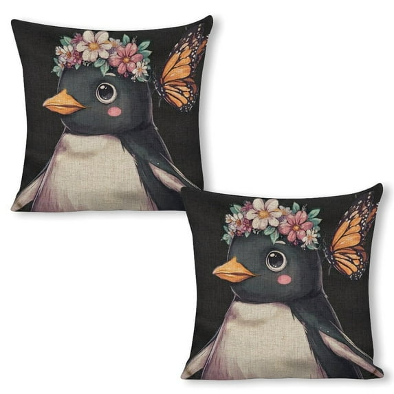 Penguin flower crown butterfly Linen toss pillowcase Decoration pillowcase Gift preferred 24x24" Cushion cover 2 set Sofa pillowcase Sofa bedroom living room car