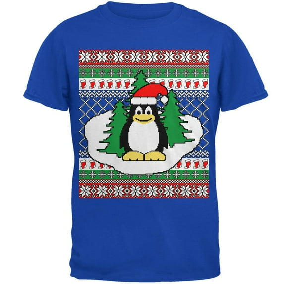 Penguin on Ice Ugly Christmas Sweater Mens Soft T Shirt Royal X-LG