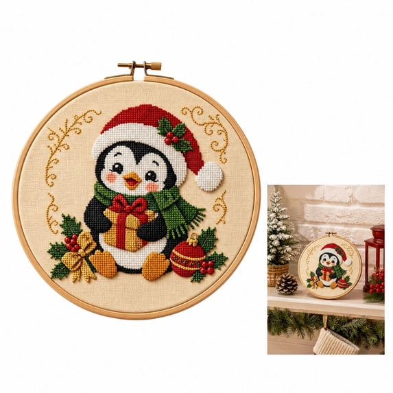 Cross Proect Penguin with Christmas Gift DIY Cross Stitch Hoop Kit, 7.87 in Round ...