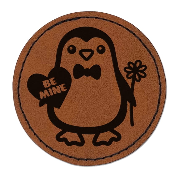 Penguin with Heart and Flower Valentine 2.5" Faux Leather Round Engraved Iron-On Patch - Brown