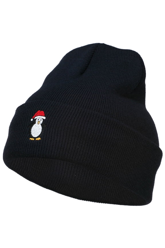 Penguin with Red Hat Embroidered Long Beanie - Black OSFM