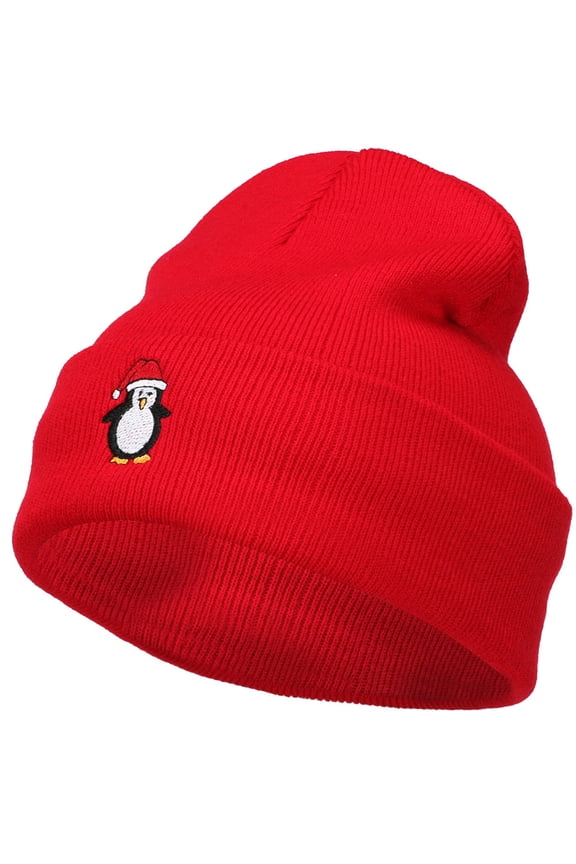 Penguin with Red Hat Embroidered Long Beanie - Red OSFM