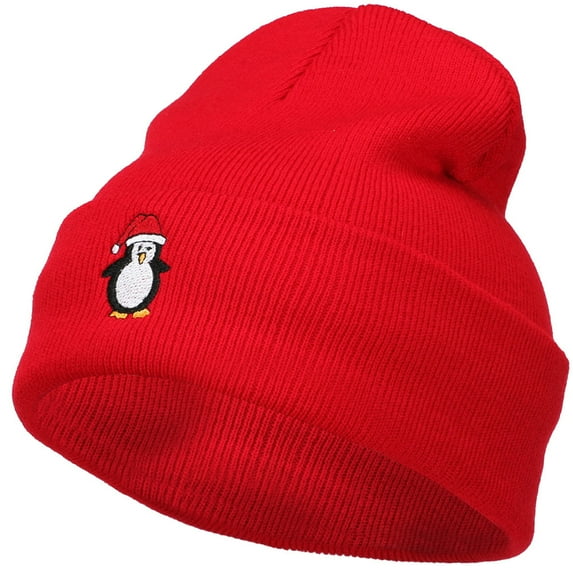 Penguin with Red Hat Embroidered Long Beanie - Red OSFM