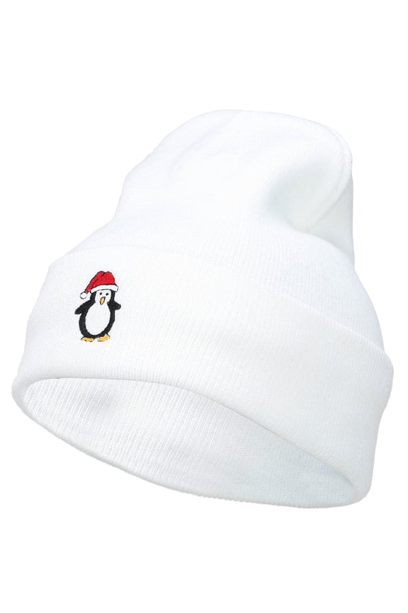 Penguin with Red Hat Embroidered Long Beanie - White OSFM