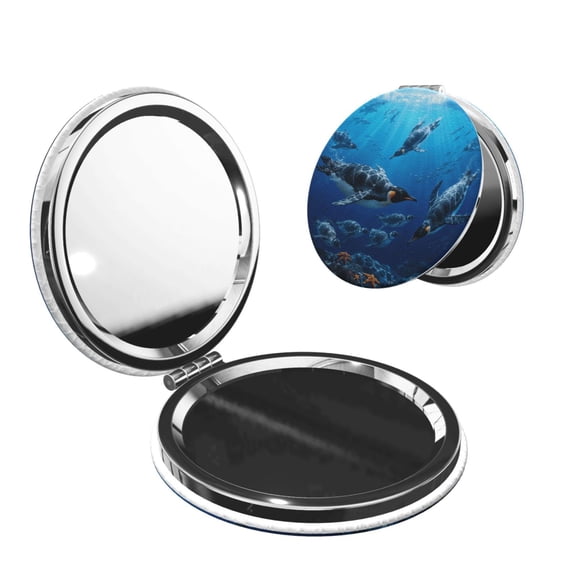 Penguins Antarctic Ocean Portable Double-Sided Face Mirror Round Shape, Magnifying Compact Pocket Mirror with PU Leather Cover