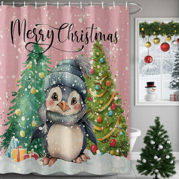 Penguins Christmas Tree Shower Curtain for Bathroom, Winter Snowflakes Pink Back Waterproof Shower Curtains Washable Quick Dry with Hooks Bathtub Curtains 72x72IN