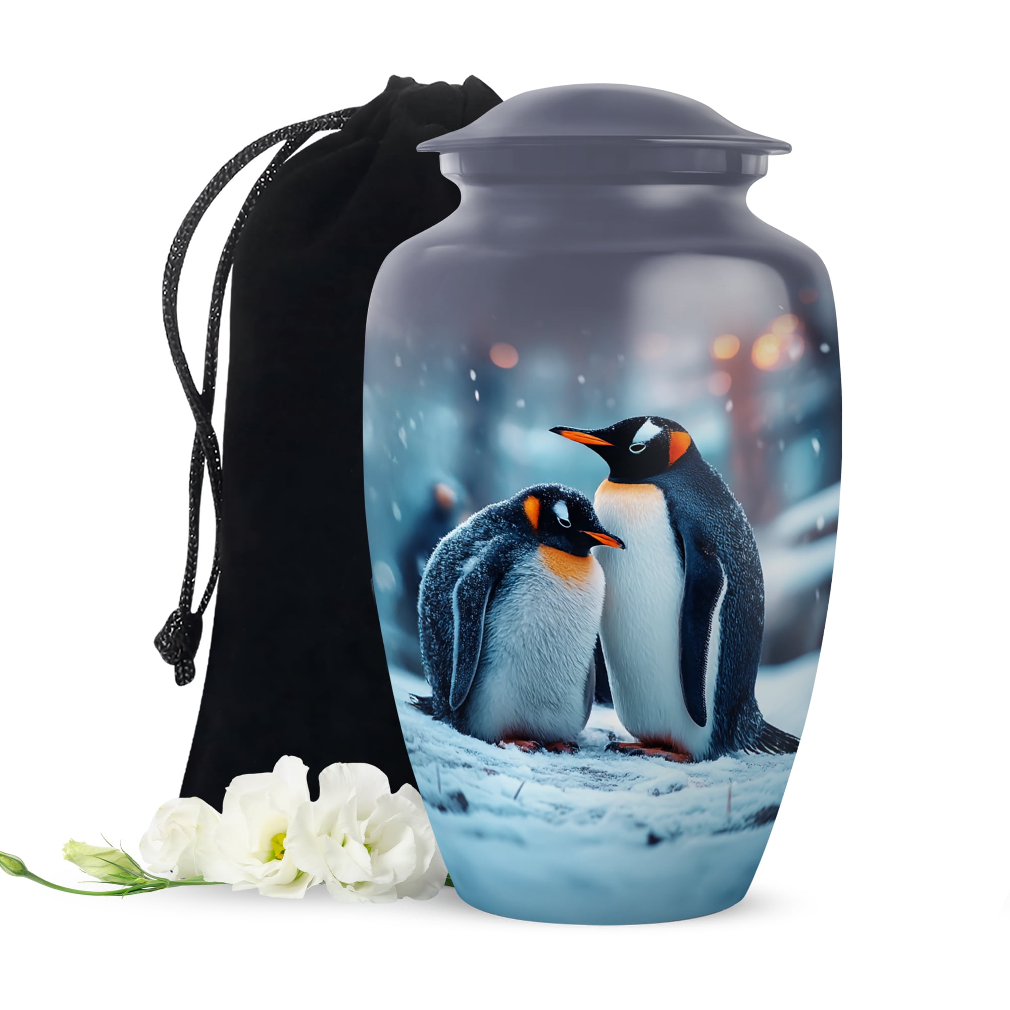 Penguins Cremation Urns For Human Ashes Adult Female Mom, Blue Urns For Human Ashes Man And Woman, Funeral Urn For Adults Male, Large Decorative Urn For Brother, 10 Inch