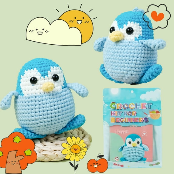 Penguins Crochet Kit for Beginners | Complete Learn-to-Crochet Set with Yarn, Hook, Stuffing, Eyes, Instructions | Step-By-Step Guidance | DIY Knitted Doll Supplies | Relaxing Craft Project